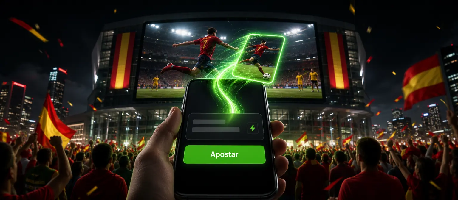 Una selección sale volando de la pantalla gigante de un estadio hacia el boleto de un móvil con el botón Apostar