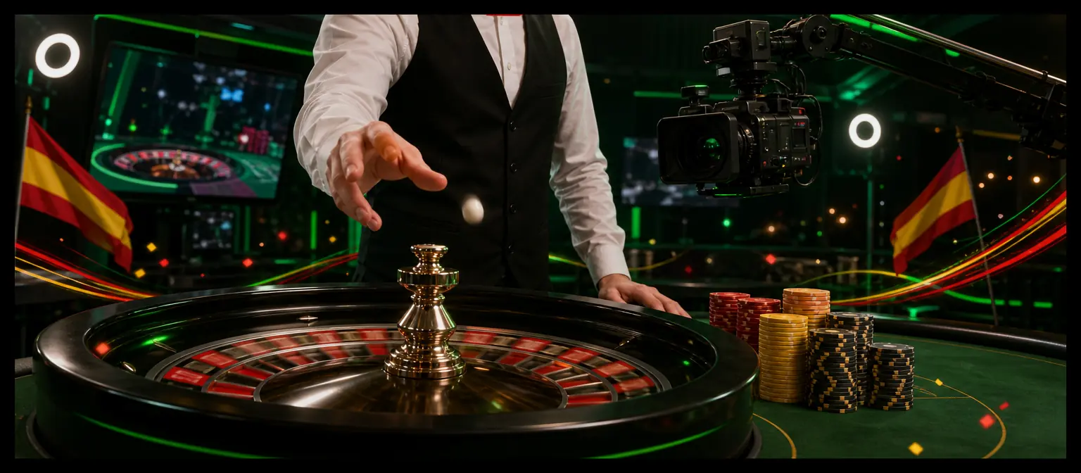 Estudio de casino en vivo: el crupier lanza la bola en la ruleta mientras una cámara de televisión en grúa graba la mesa