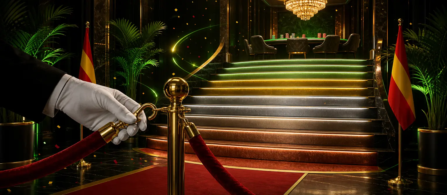 Mano que abre el cordón de terciopelo rojo de un salón VIP con una escalera de ocho peldaños iluminados del cobre al verde esmeralda