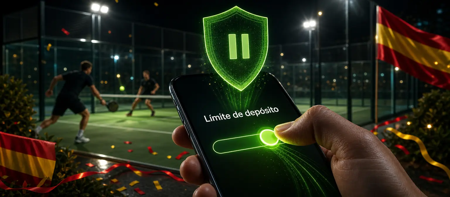 Pulgar que ajusta el límite de depósito en un móvil con un escudo verde luminoso, ante una pista de pádel iluminada