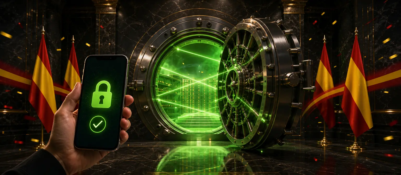 Mano con un móvil ante la puerta abierta de una cámara acorazada iluminada en verde, con un candado y una marca de verificación en la pantalla