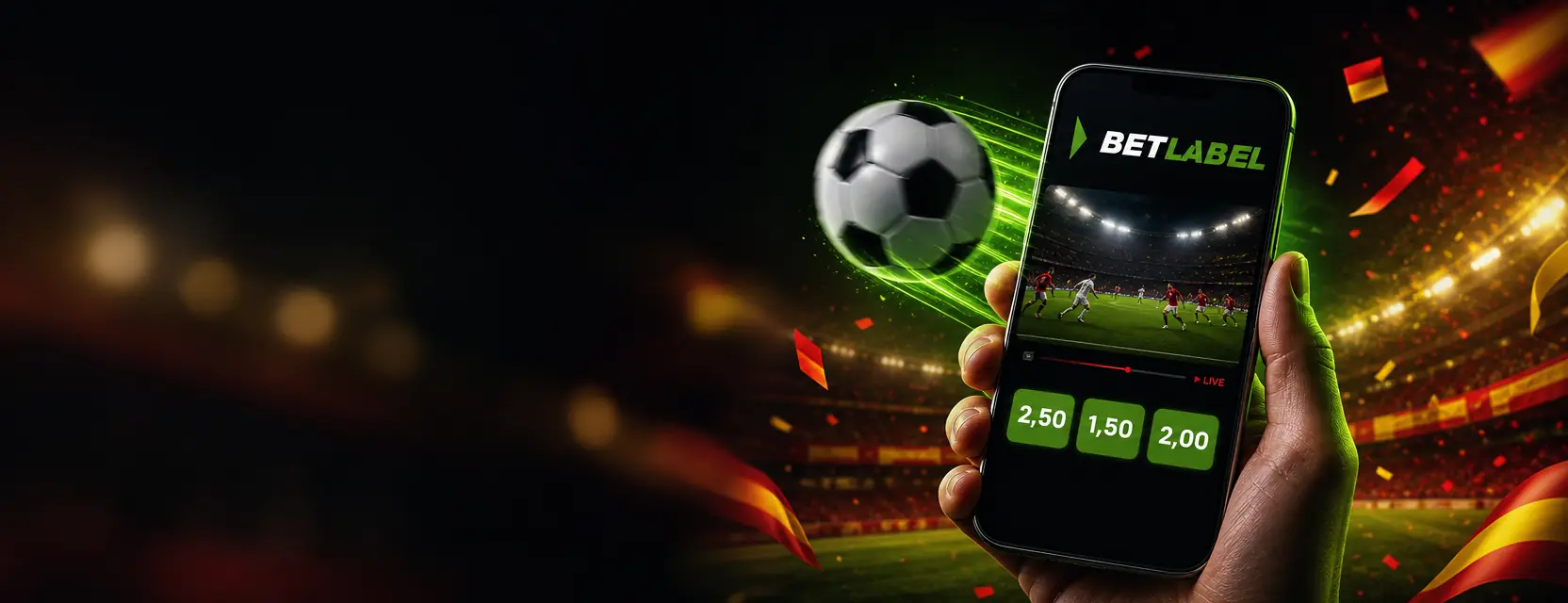 Mano con un móvil que muestra la app de BetLabel con un partido en directo y cuotas de 2,50, 1,50 y 2,00 en un estadio de noche