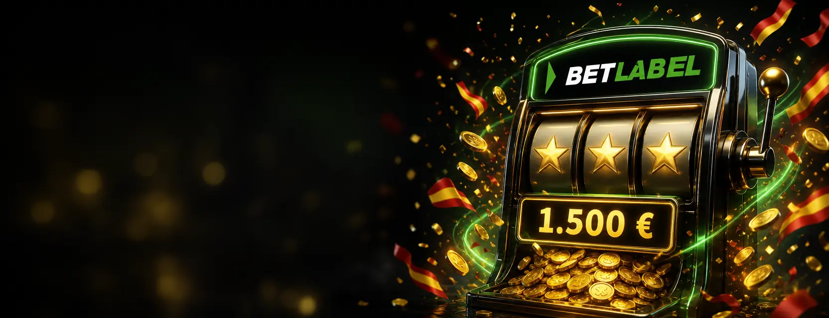 Tragaperras negra y dorada con el logotipo de BetLabel que lanza una lluvia de monedas de oro, con un rótulo de 1.500 €