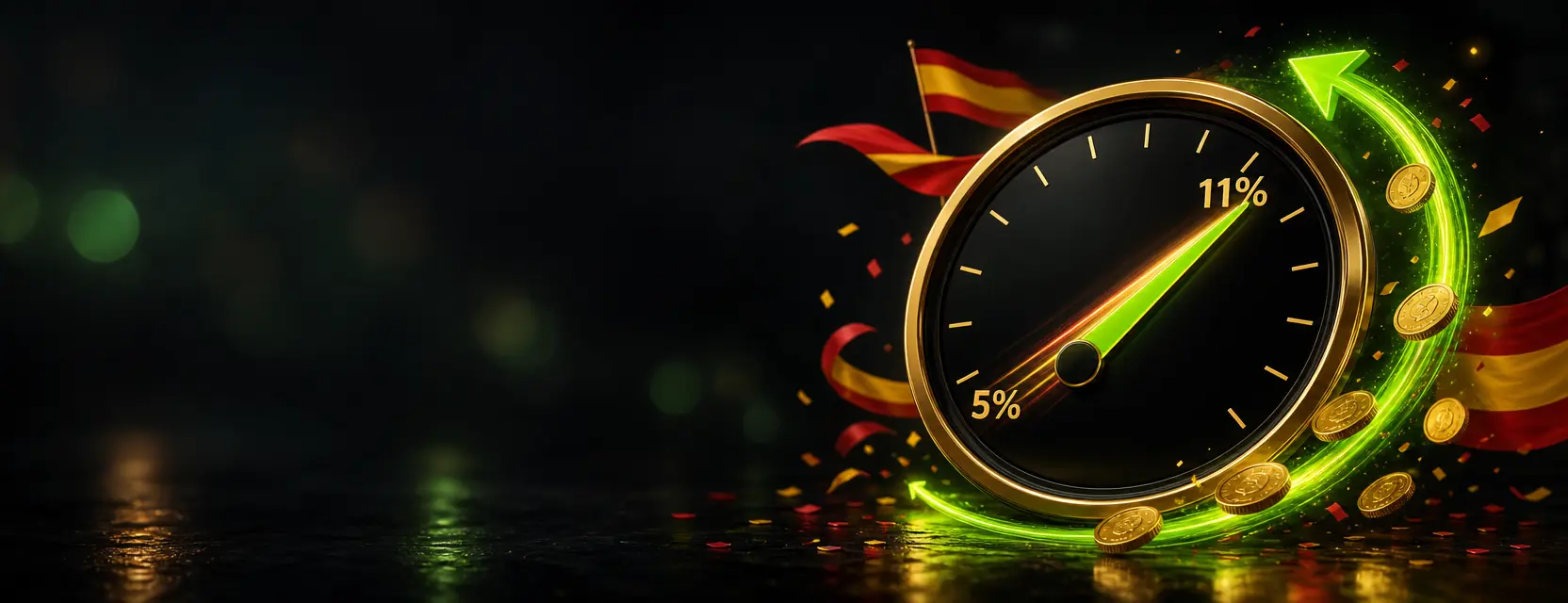 Indicador tipo velocímetro cuya aguja sube del 5% al 11% mientras una flecha verde devuelve monedas de oro