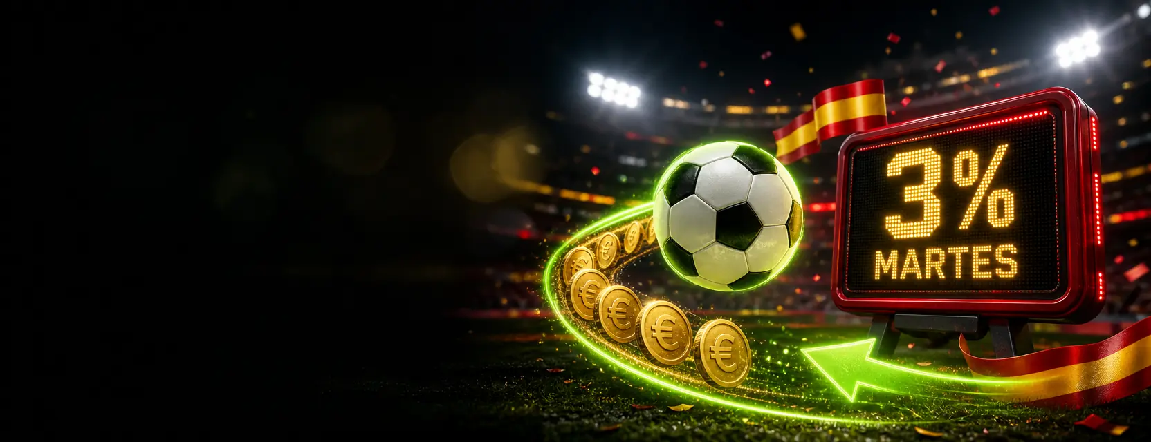 Balón de fútbol que vuelve como un bumerán por una flecha verde luminosa dejando monedas de euro, junto a un marcador LED con 3% y MARTES