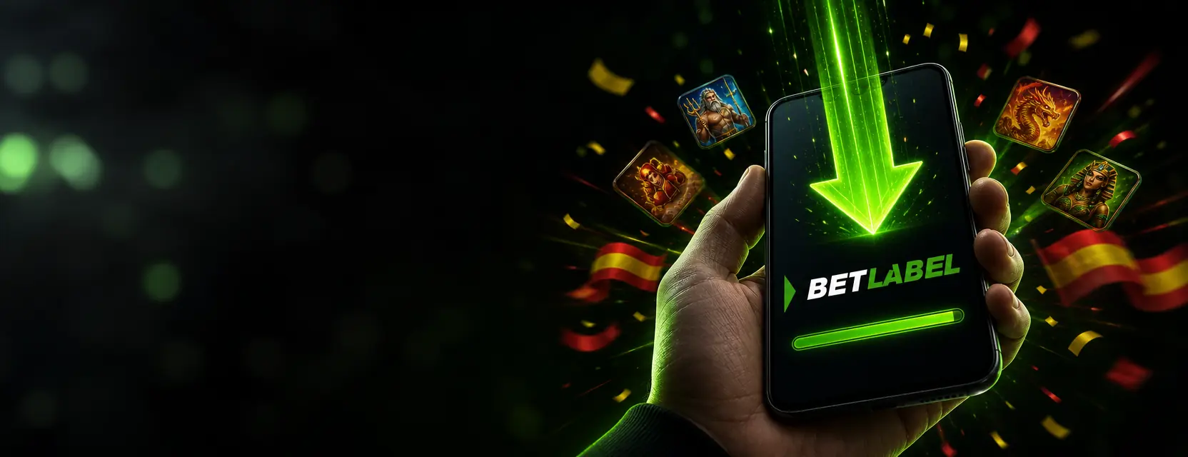 Mano con un móvil Android en el que entra una gran flecha de descarga luminosa, con el logotipo de BetLabel en la pantalla
