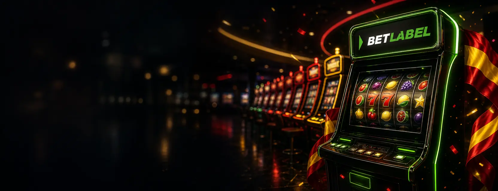 Pasillo de tragaperras iluminadas que se pierde al fondo de una sala de casino, con el logotipo de BetLabel en la primera máquina