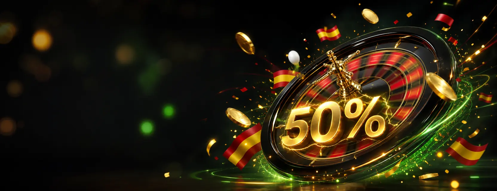 Ruleta gigante girando a toda velocidad con un gran distintivo dorado del 50%