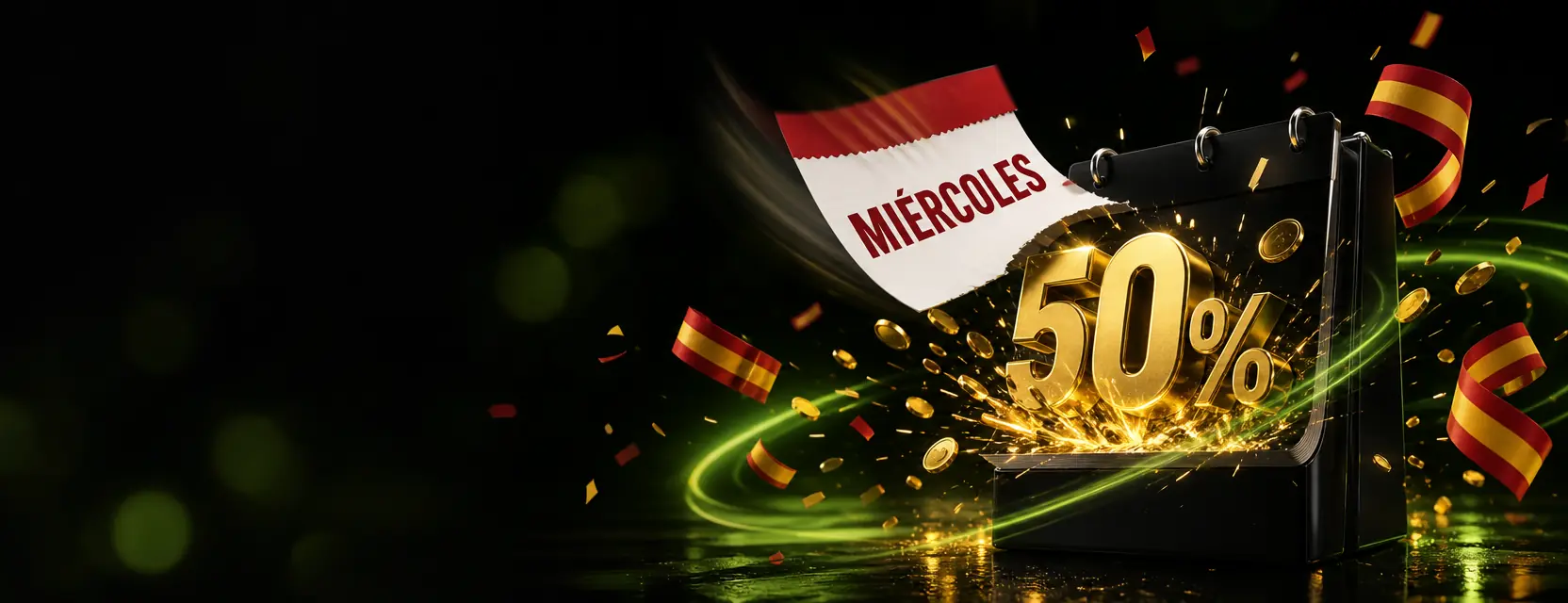 Hoja de calendario con la palabra MIÉRCOLES que sale volando ante un gran 50% dorado y una lluvia de monedas