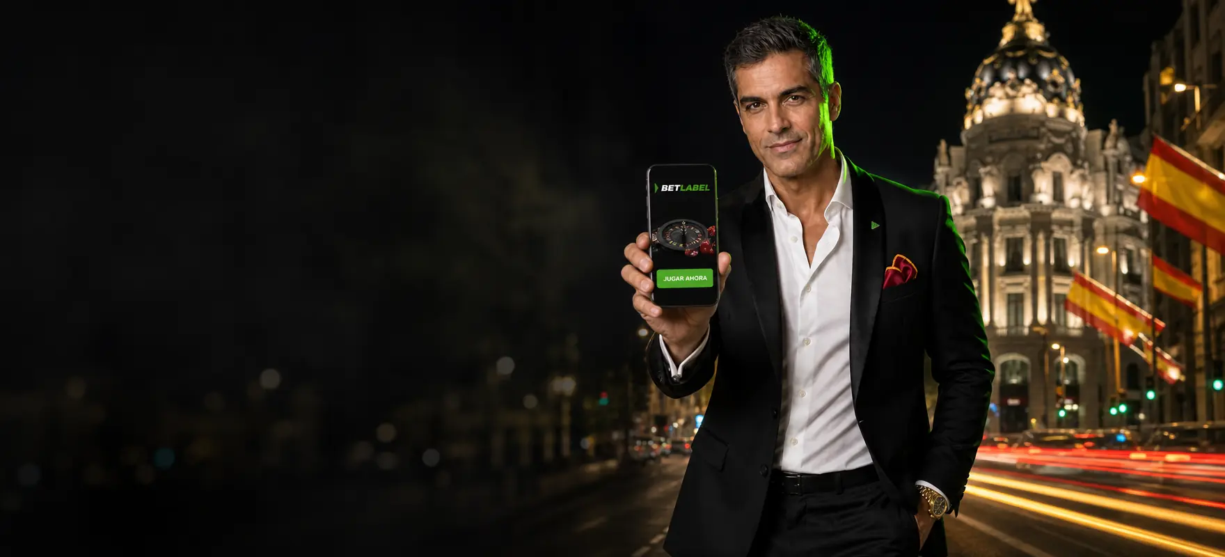 Hombre con esmoquin negro mostrando un móvil con la app de BetLabel en la Gran Vía de Madrid de noche, junto al edificio Metrópolis