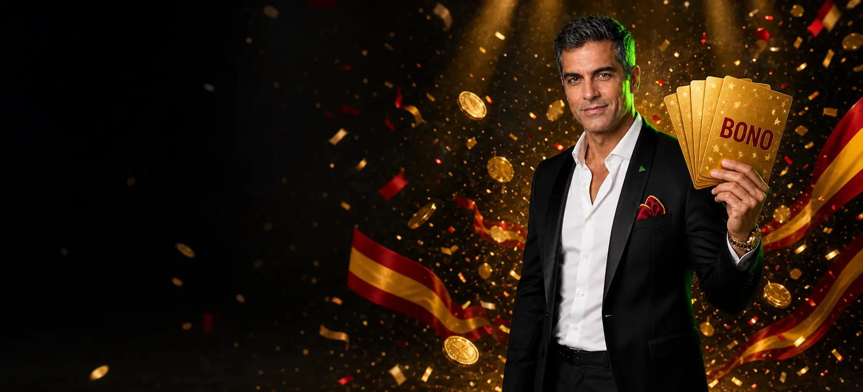 Hombre con esmoquin negro abriendo en abanico unas cartas doradas gigantes, la primera con la palabra BONO, entre confeti rojo y amarillo
